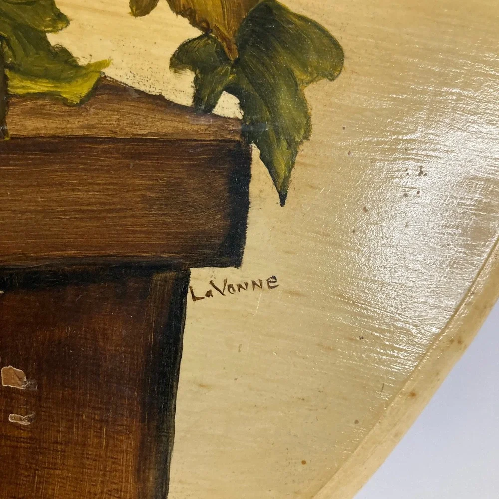 Vintage Hand Painted Oval Wood Wall Art Geranium Flower Butterfly LaVonne Signed